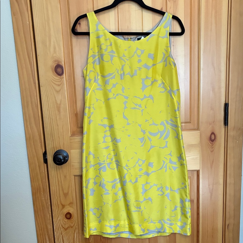 J Crew Yellow and Gray/Blue Silk Sleeveless Dress with Braided Belt